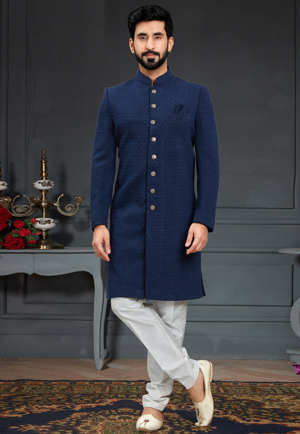 Navy Blue Silk Indo Western Suit 246439