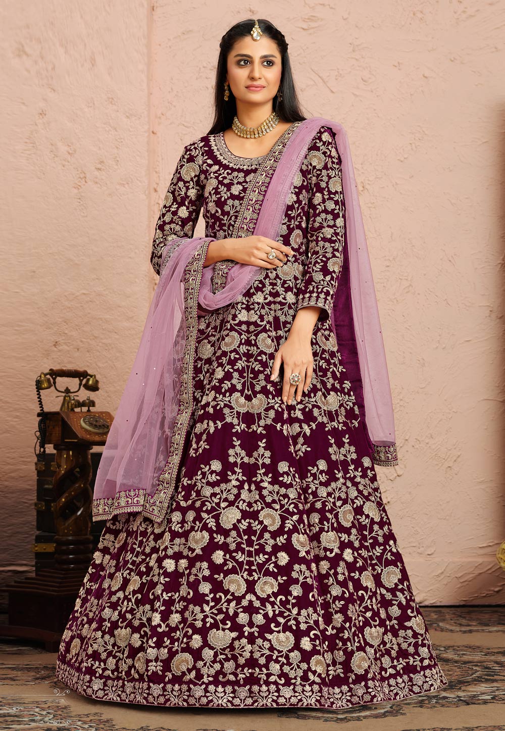 Purple Velvet Long Anarkali Suit 234796