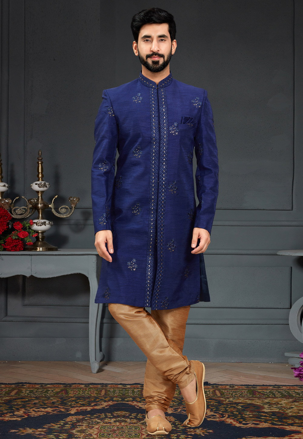 Blue Silk Indo Western Suit 246442