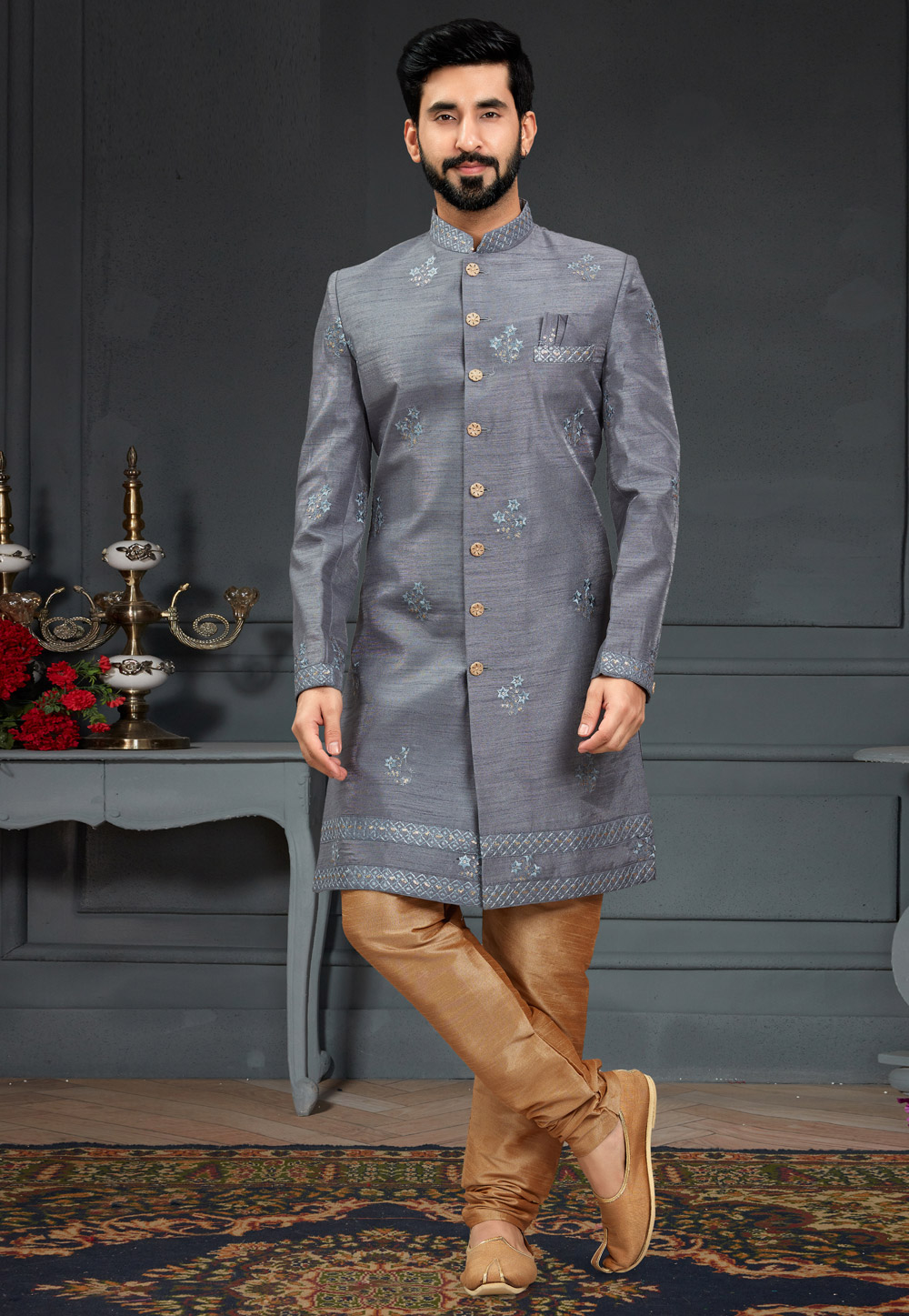 Grey Silk Indo Western Suit 246443