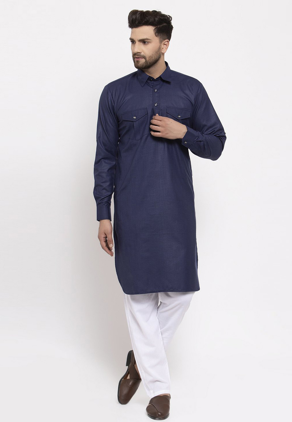 Navy Blue Cotton Pathani Suit 231280