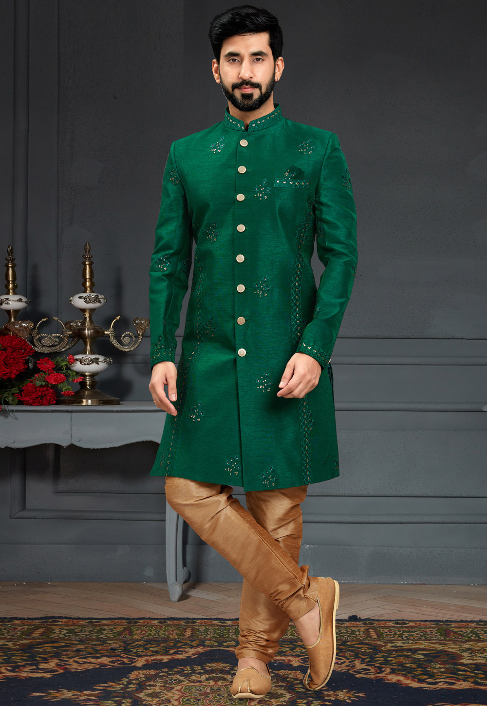 Green Silk Indo Western Suit 246444
