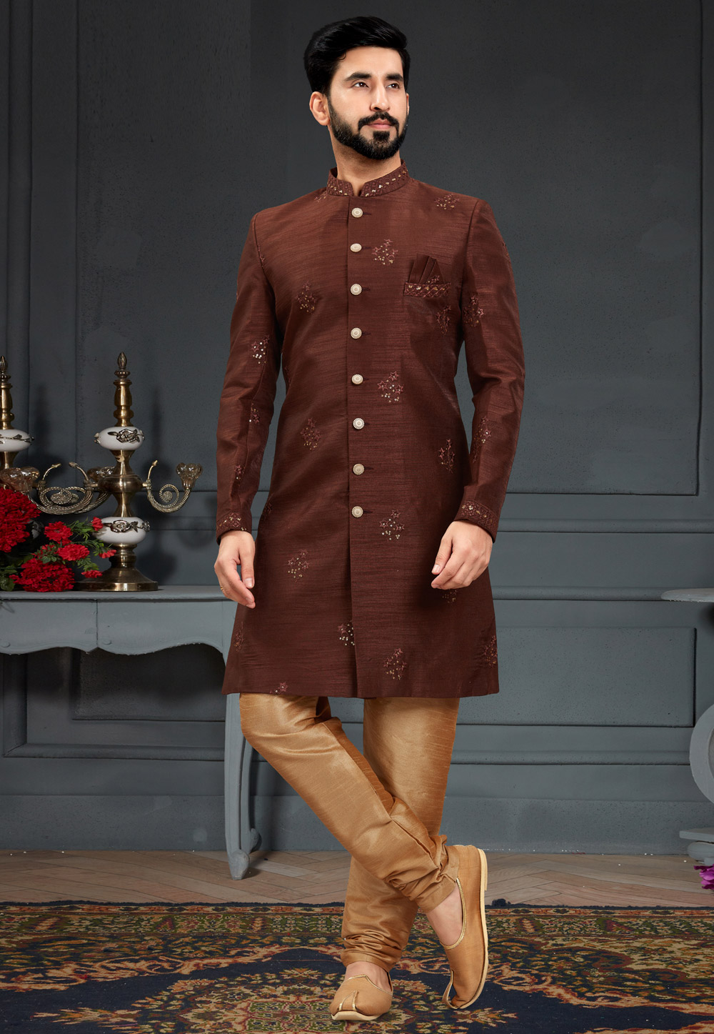 Brown Silk Indo Western Suit 246445