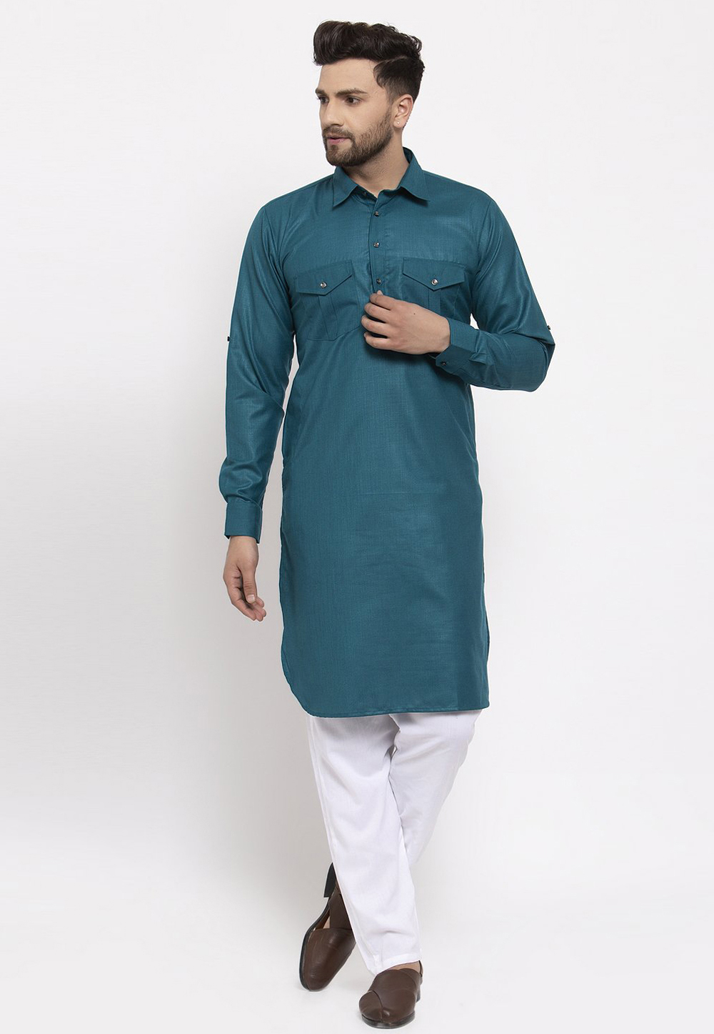 Teal Cotton Pathani Suit 231282