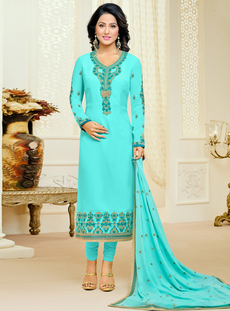 Hina Khan Sky Blue Faux Georgette Kameez With Churidar 96459