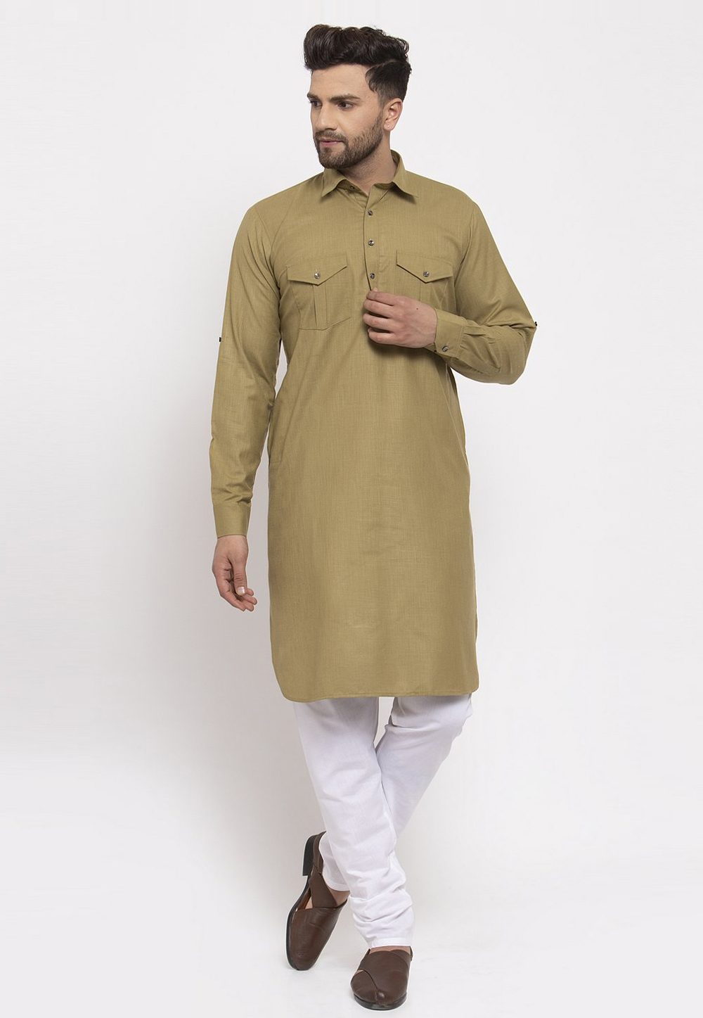 Olive Green Cotton Pathani Suit 231283