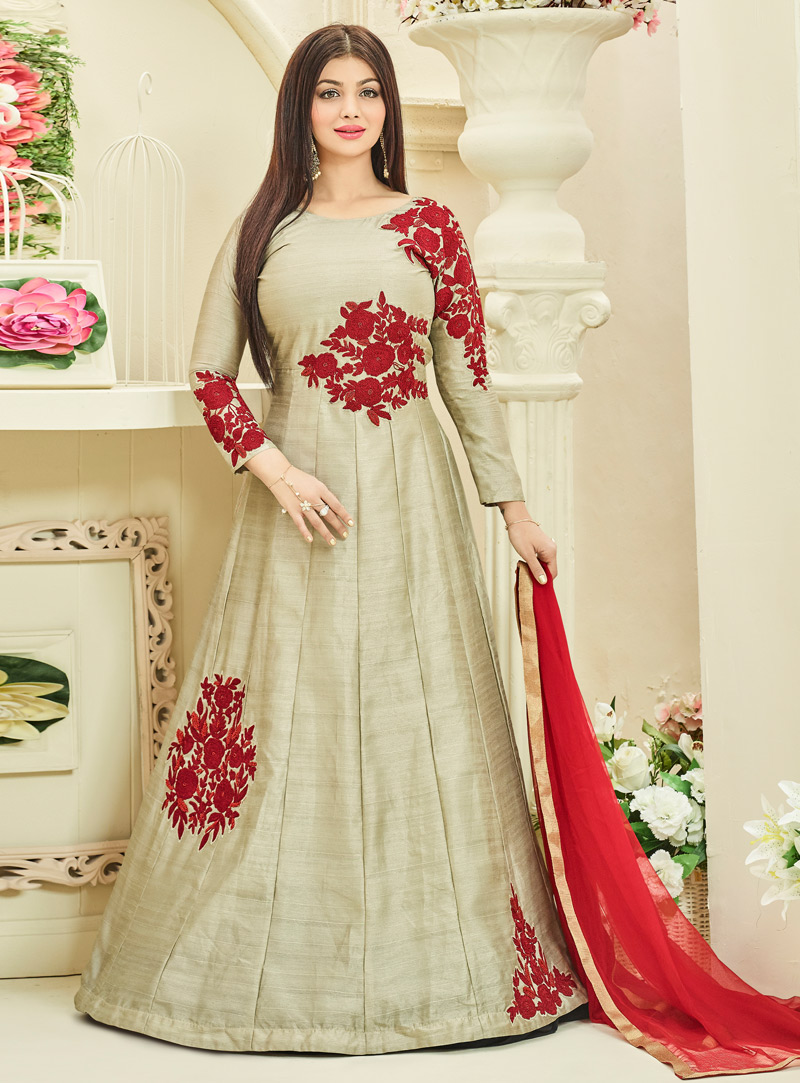 Ayesha Takia Beige Silk Floor Length Anarkali Suit 105265