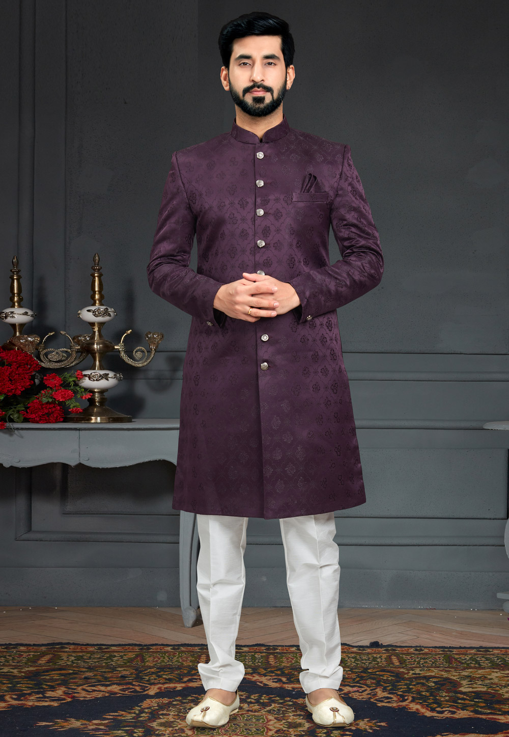 223115072022 Purple Jacquard Indo Western Suit