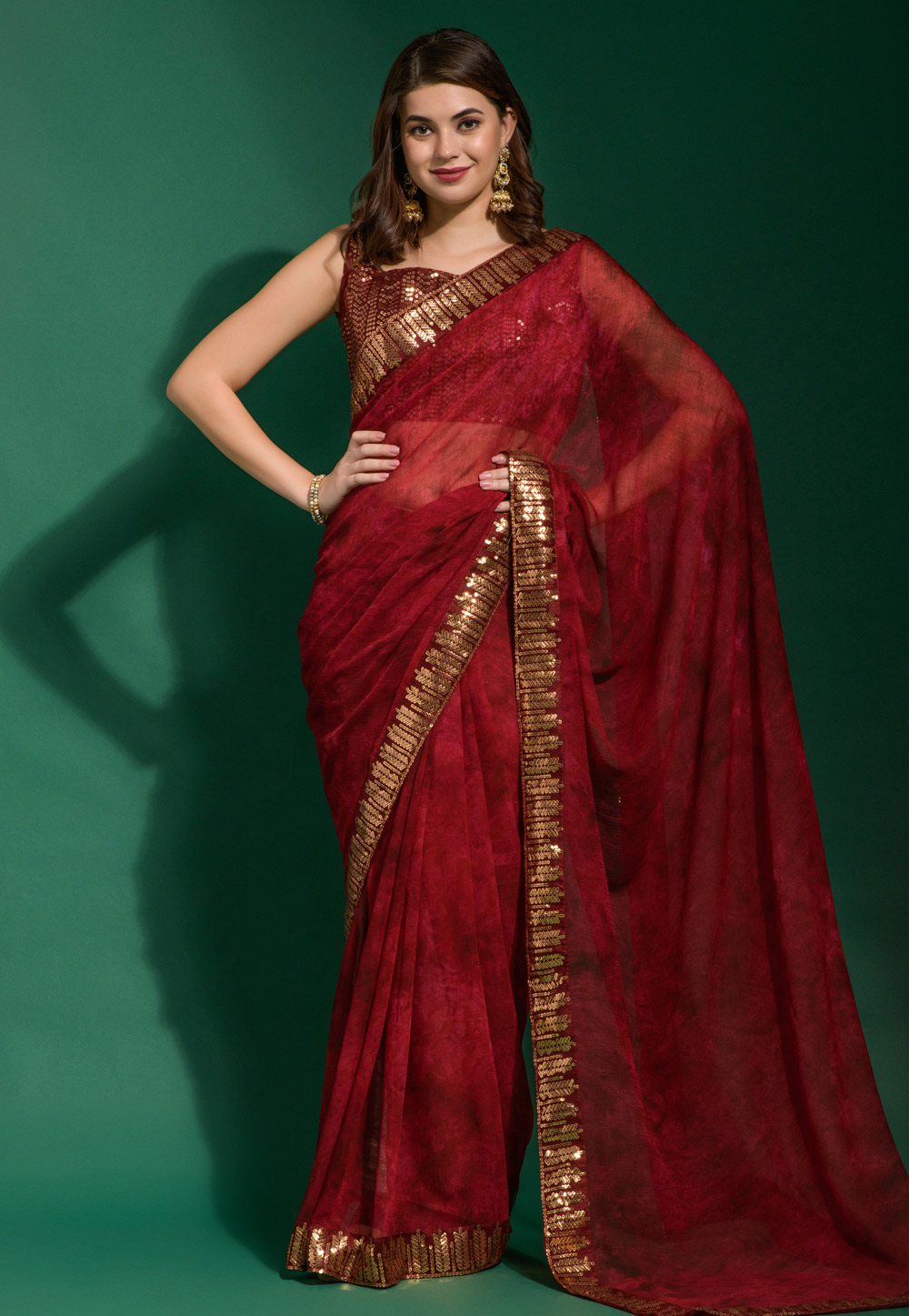 Maroon Chiffon Saree With Blouse 263951