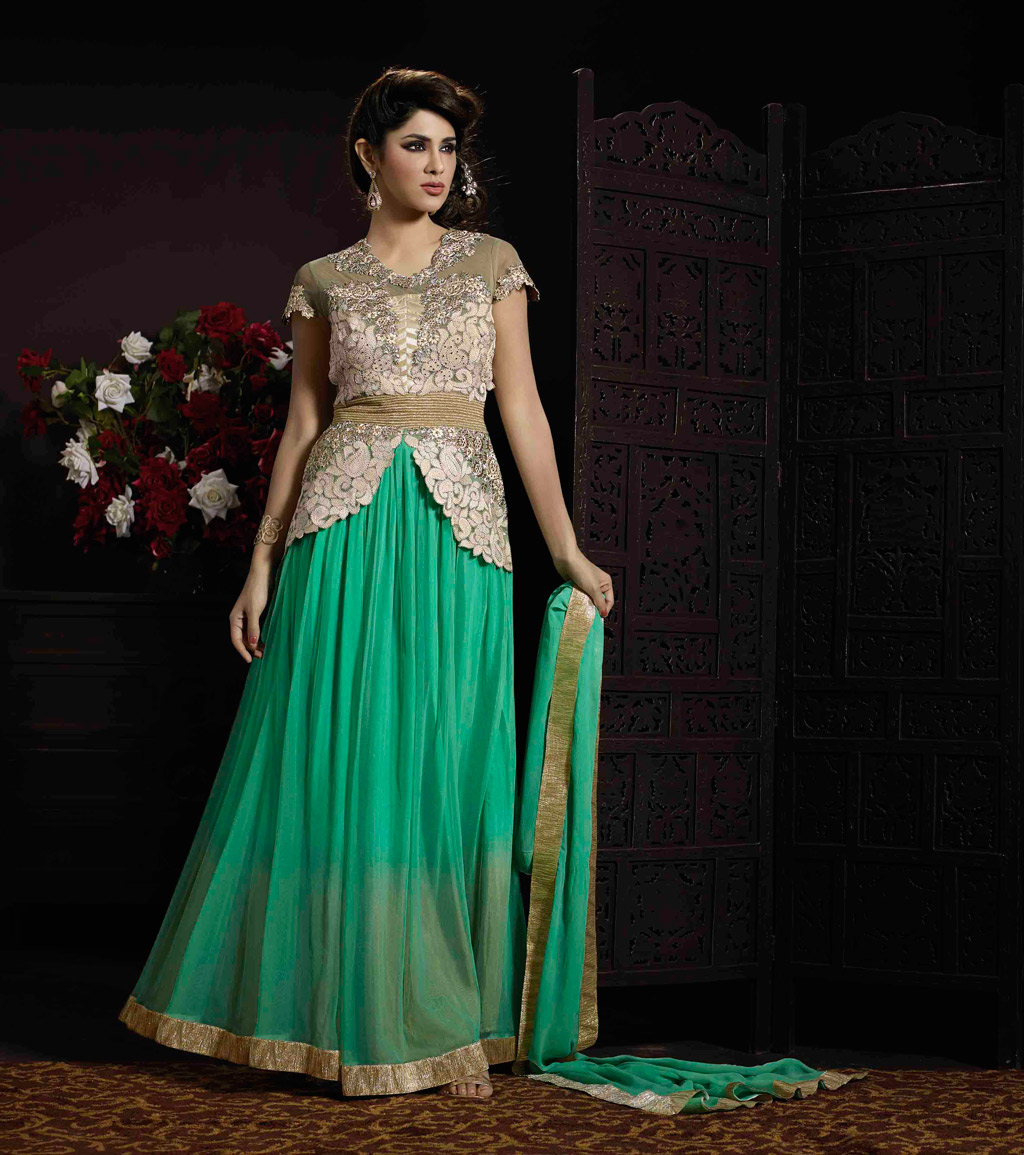 Green Soft Net Designer Anarkali Suit 61102