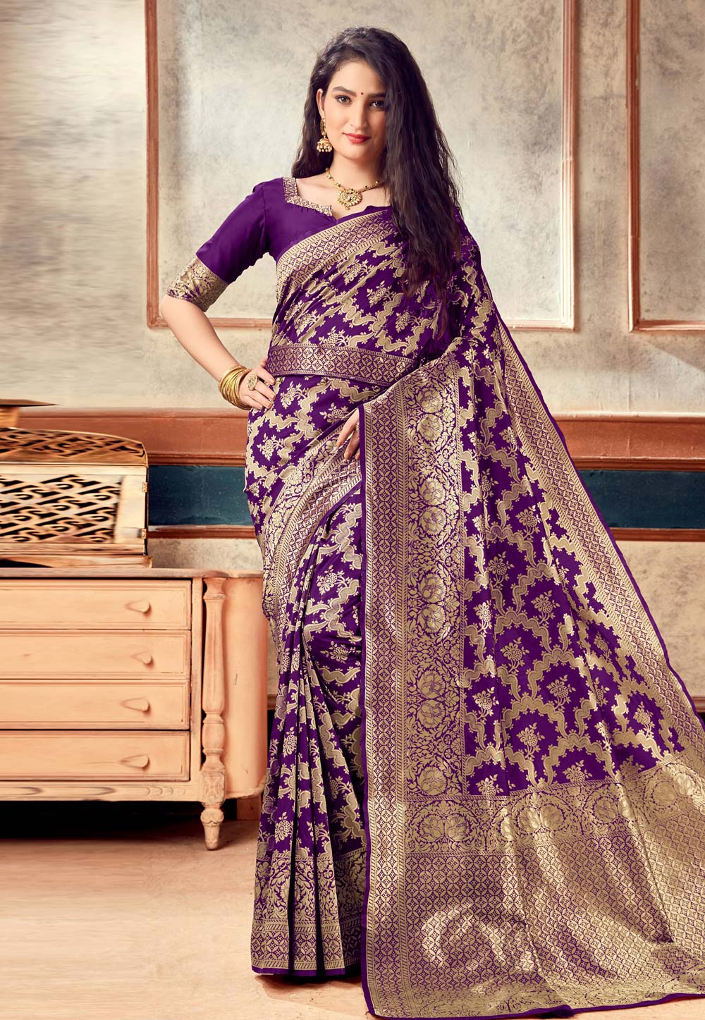 Purple Banarasi Silk Saree With Blouse 246763