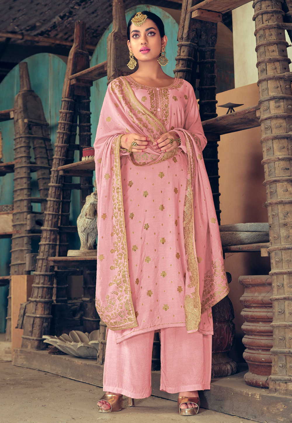 Pink Silk Jacquard Palazzo Suit 228452