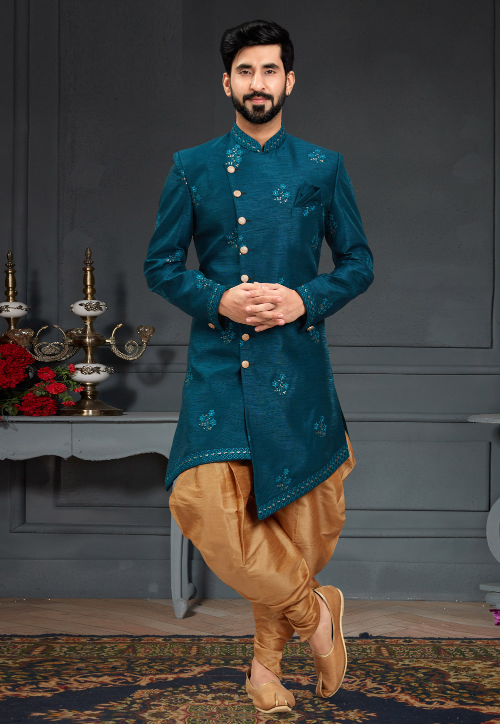 Teal Silk Indo Western Suit 246454