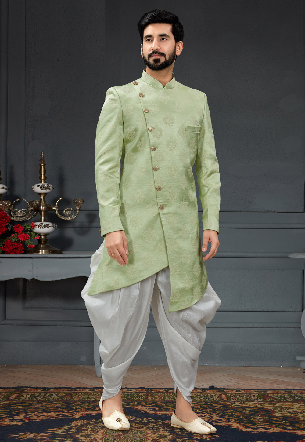 Pista Green Jacquard Indo Western Suit 246455