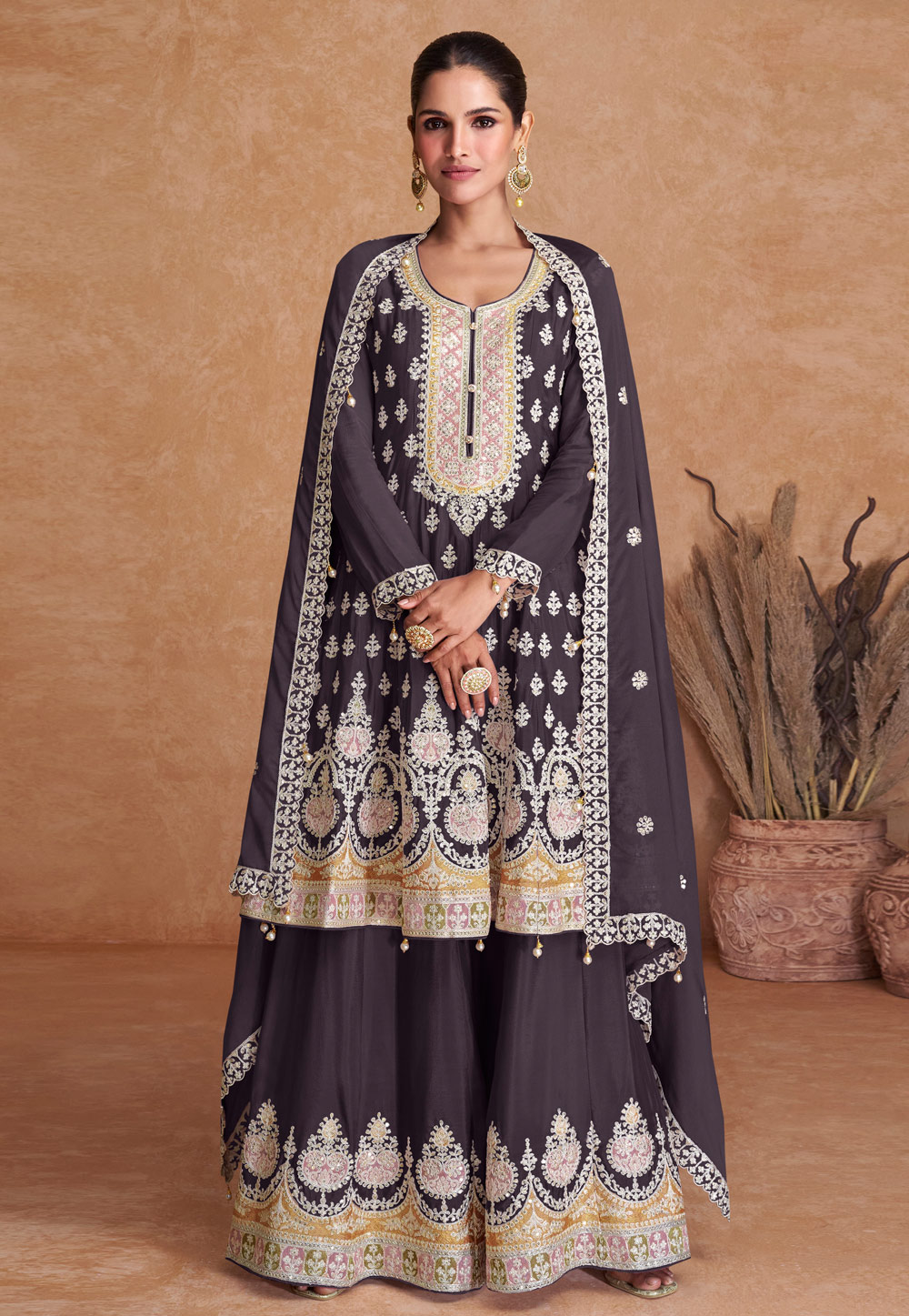 Brown Chinon Sharara Suit 276035