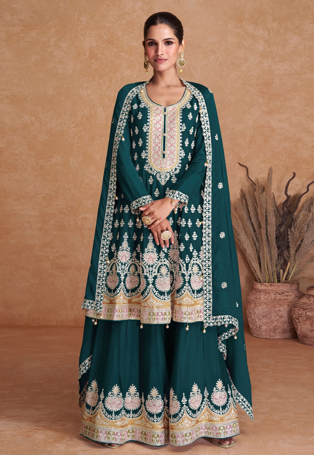 Teal Chinon Gharara Suit 276036