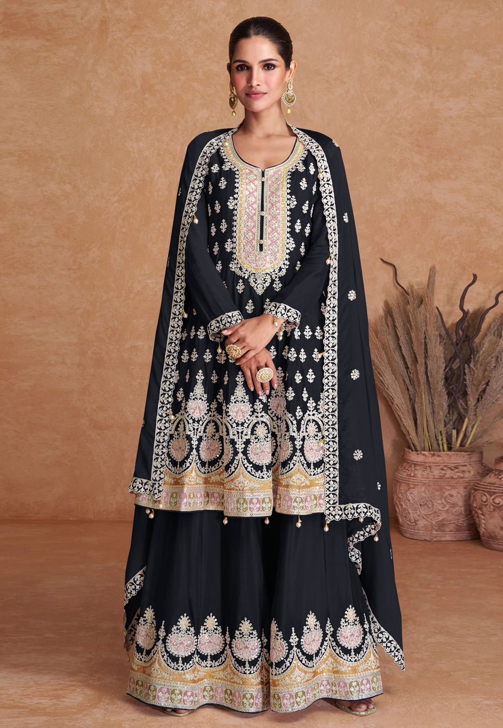 Black Chinon Sharara Suit 276038