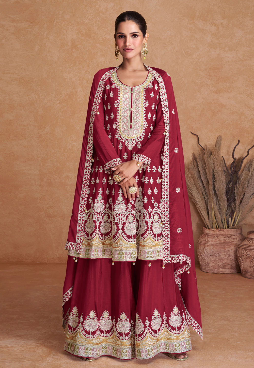 Maroon Chinon Gharara Suit 276039
