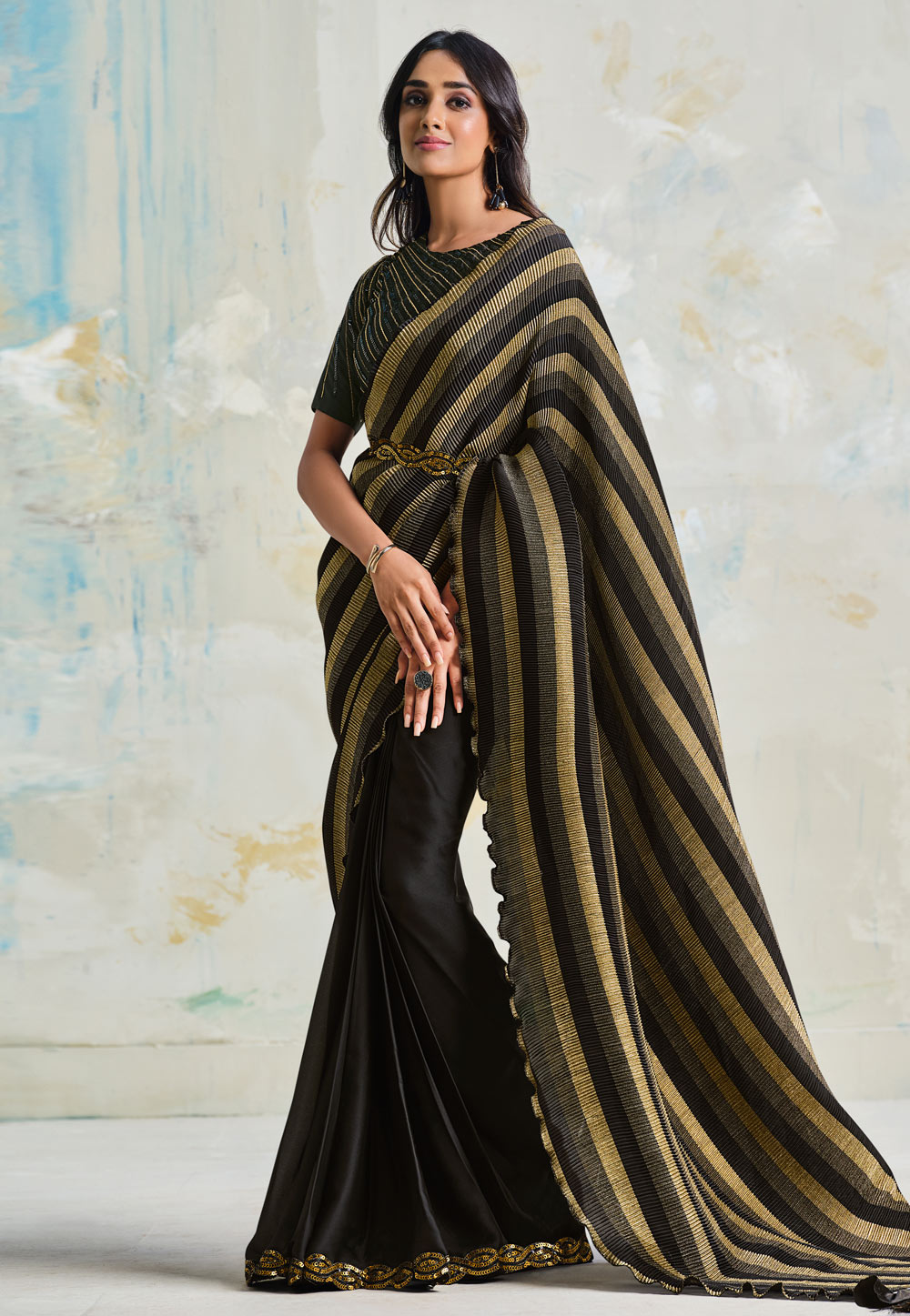 Black Satin Silk Saree With Blouse 251609