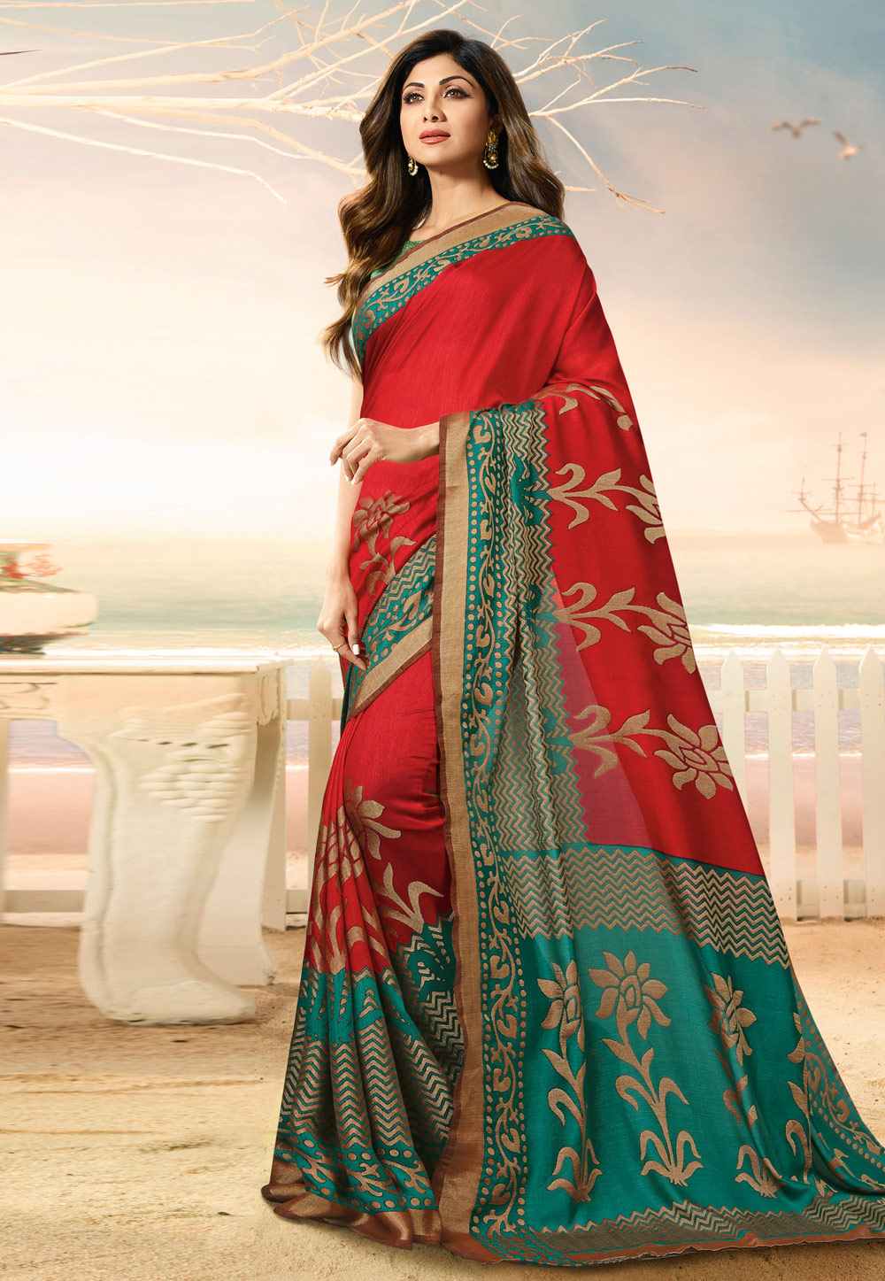 Shilpa Shetty Red Silk Bollywood Wear Saree 209021