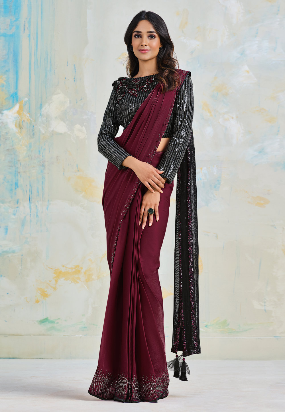 Wine Satin Silk Saree With Blouse 251610