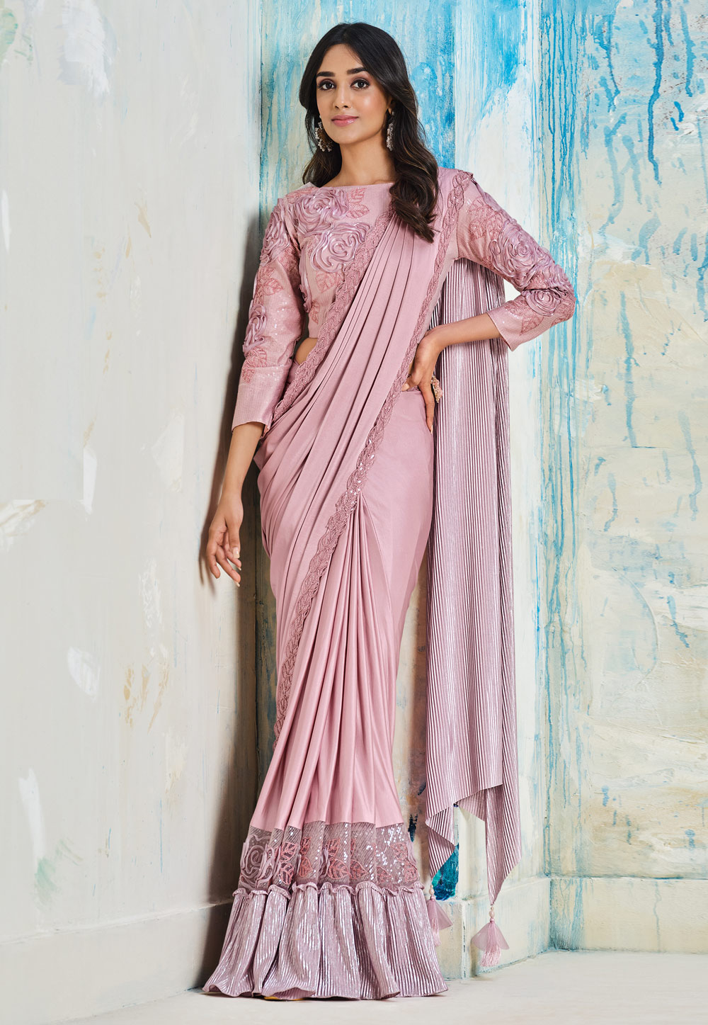 Pink Lycra Saree With Blouse 251612