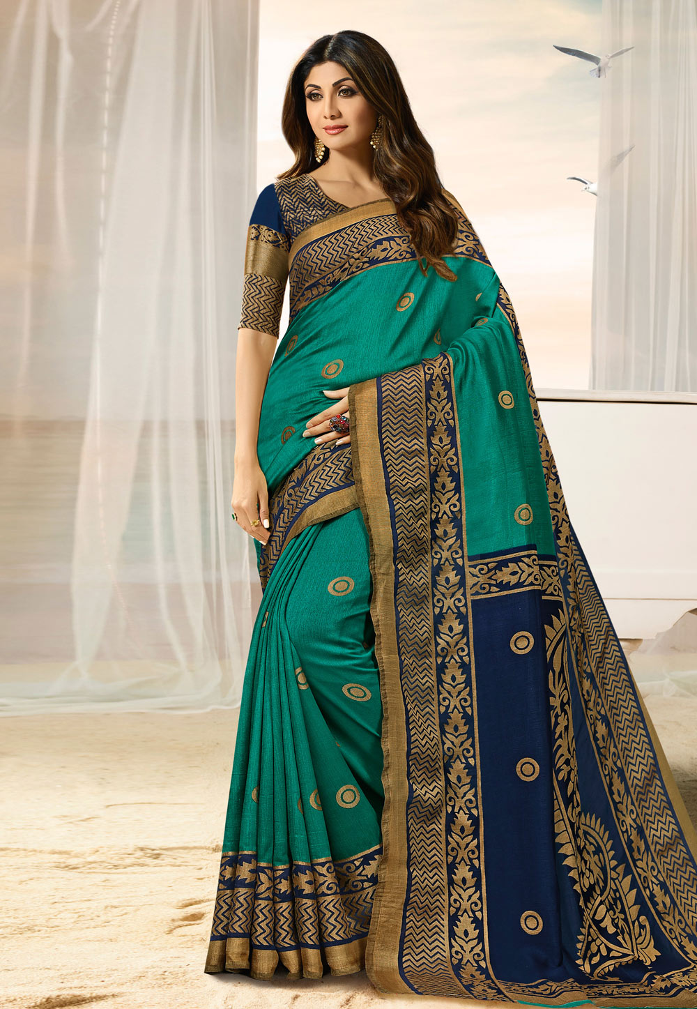 Shilpa Shetty Teal Silk Festival Wear Saree 209022
