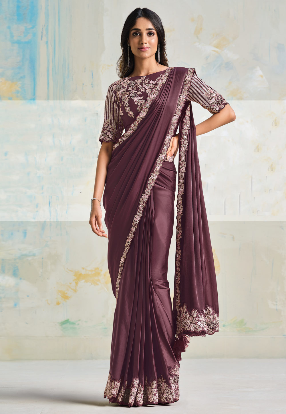 Wine Satin Silk Saree With Blouse 251614