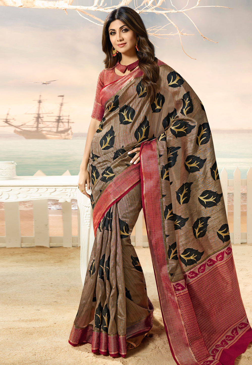 Shilpa Shetty Light Brown Silk Festival Wear Saree 209024