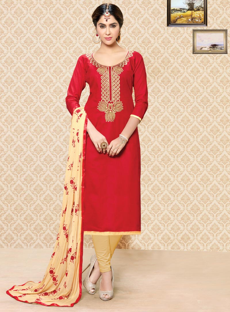 Red Cambric Cotton Kameez With Churidar 91200