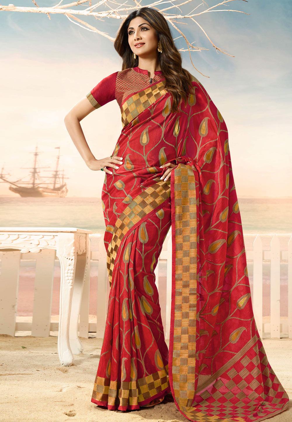 Shilpa Shetty Red Silk Festival Wear Saree 209025