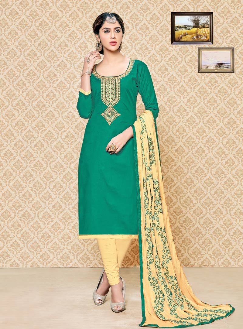 Green Cambric Cotton Churidar Salwar Suit 91203