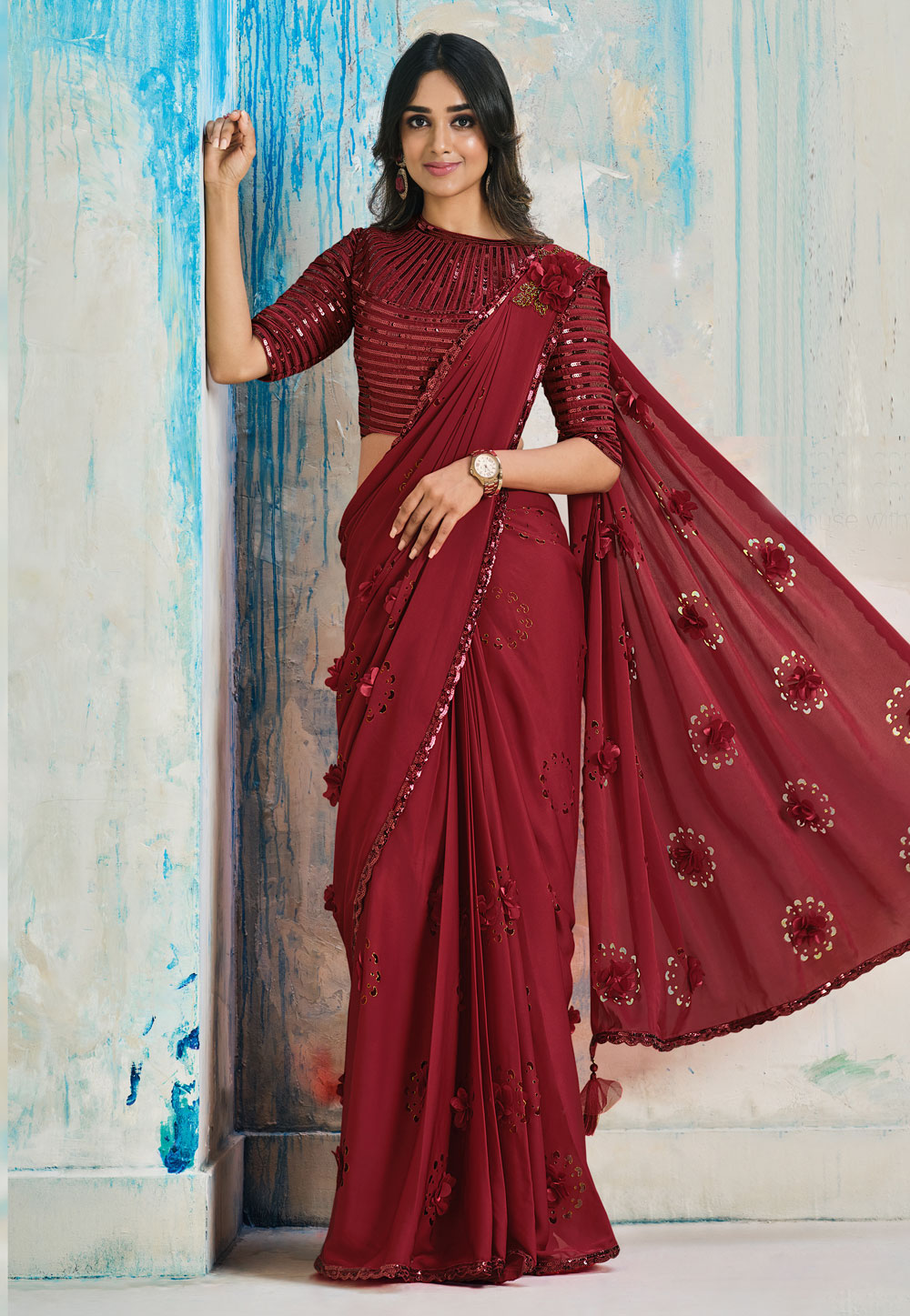 Maroon Satin Crepe Saree With Blouse 251618