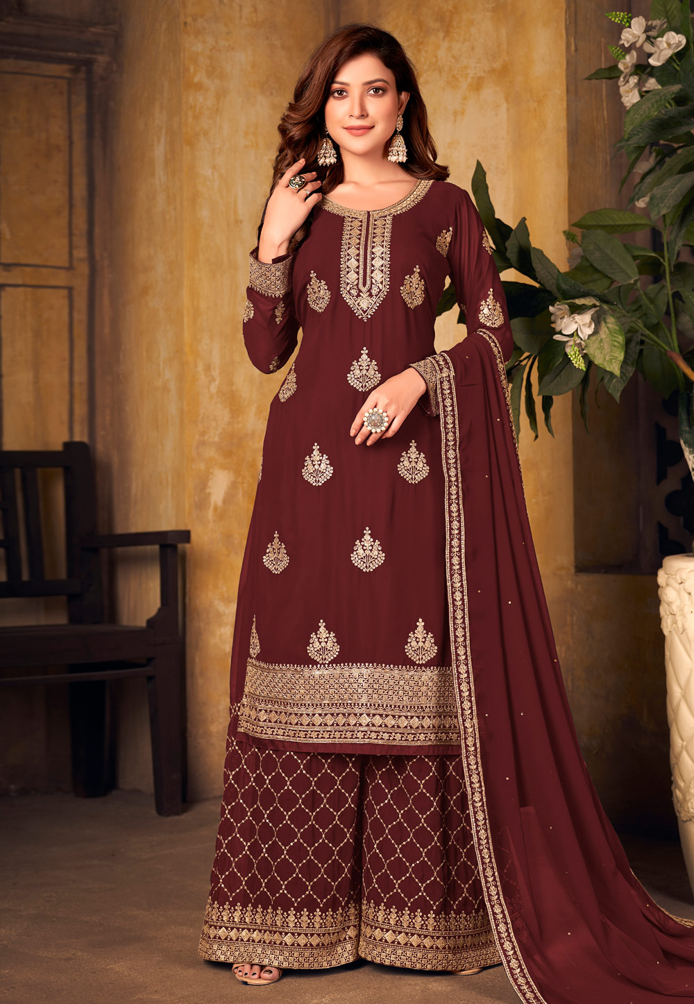 Maroon Faux Georgette Kameez With Palazzo 243722