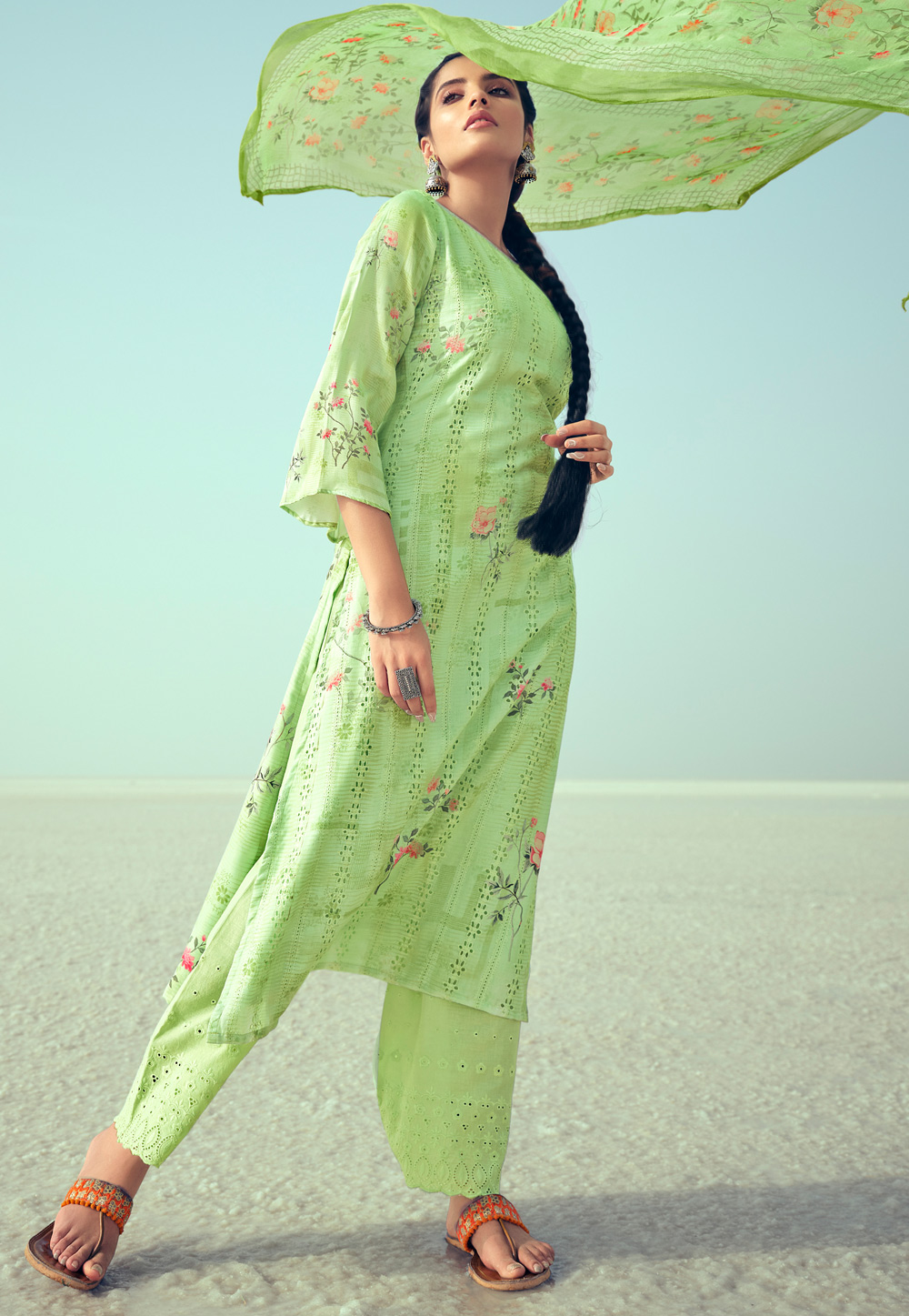 Green Cotton Palazzo Suit 235978