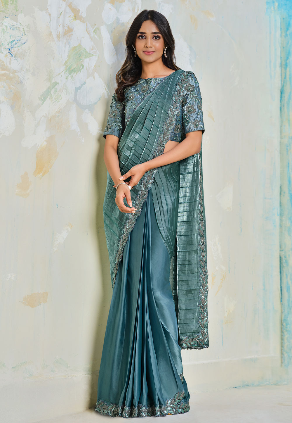 Blue Silk Crepe Saree With Blouse 251619