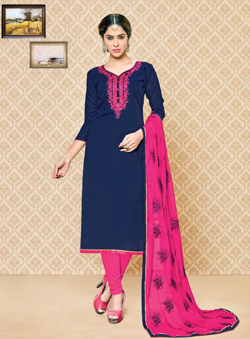 Navy Blue Cambric Cotton Churidar Salwar Suit 91205