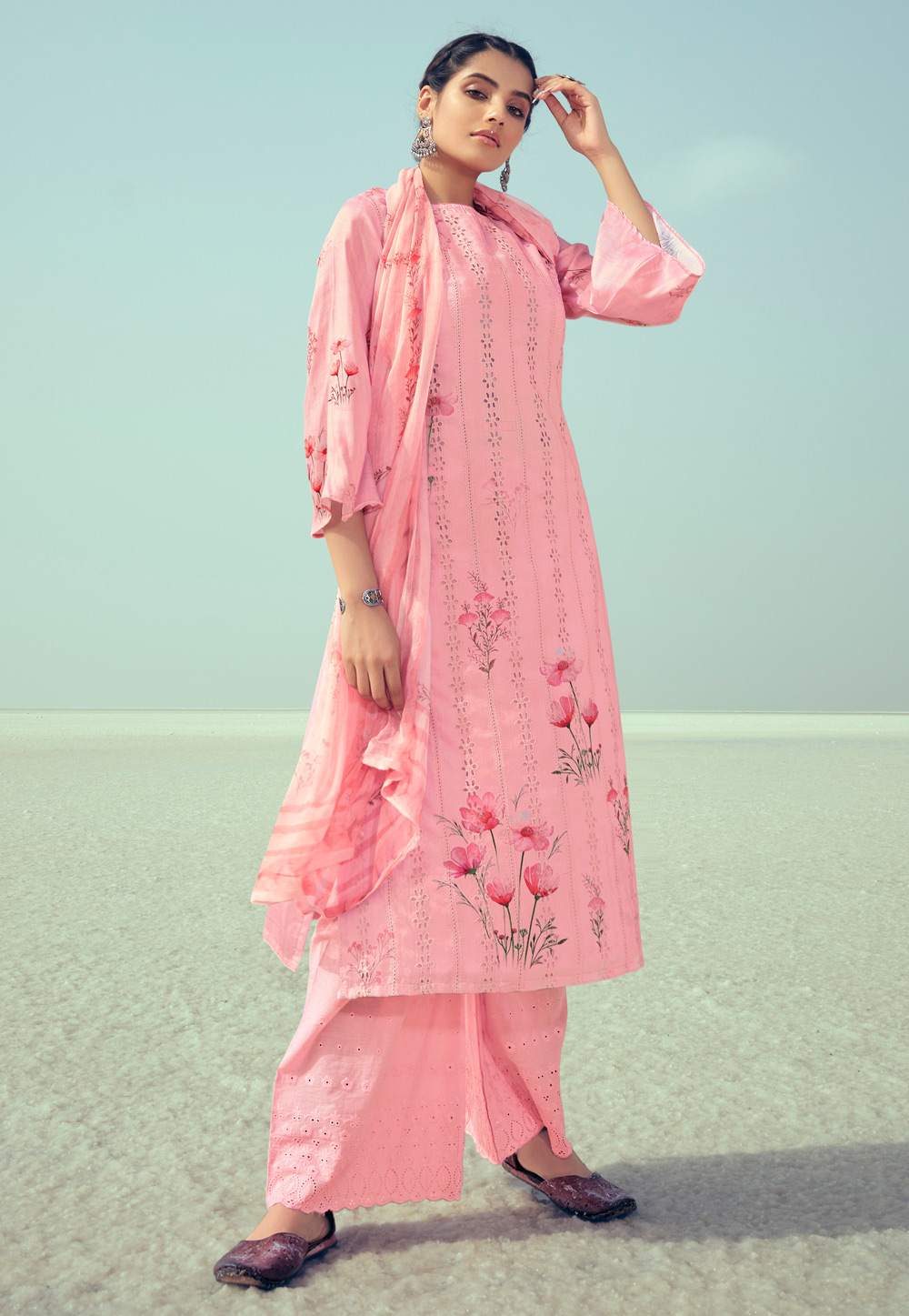 Pink Cotton Kameez With Palazzo 235979