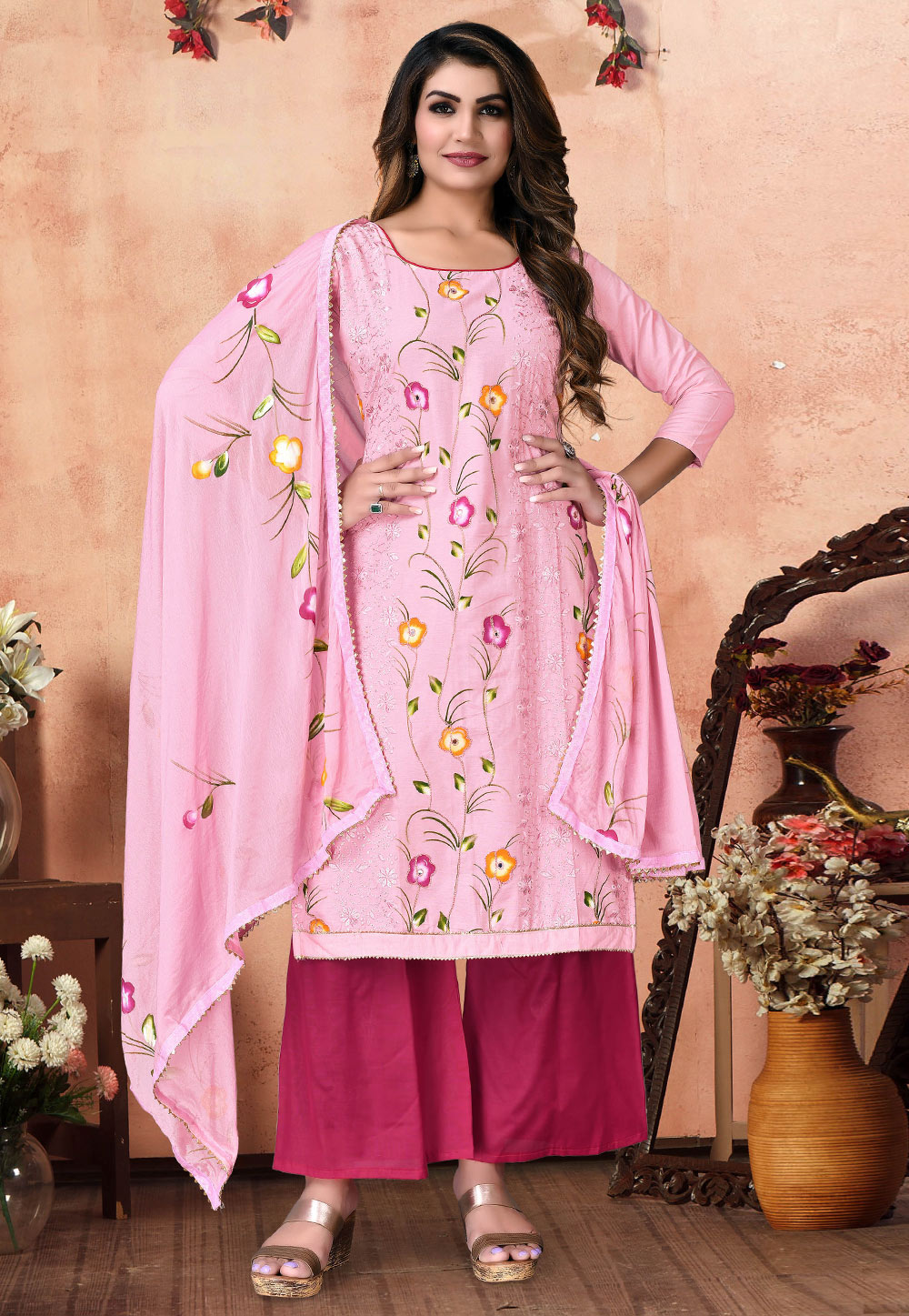 Pink Cotton Palazzo Suit 246864