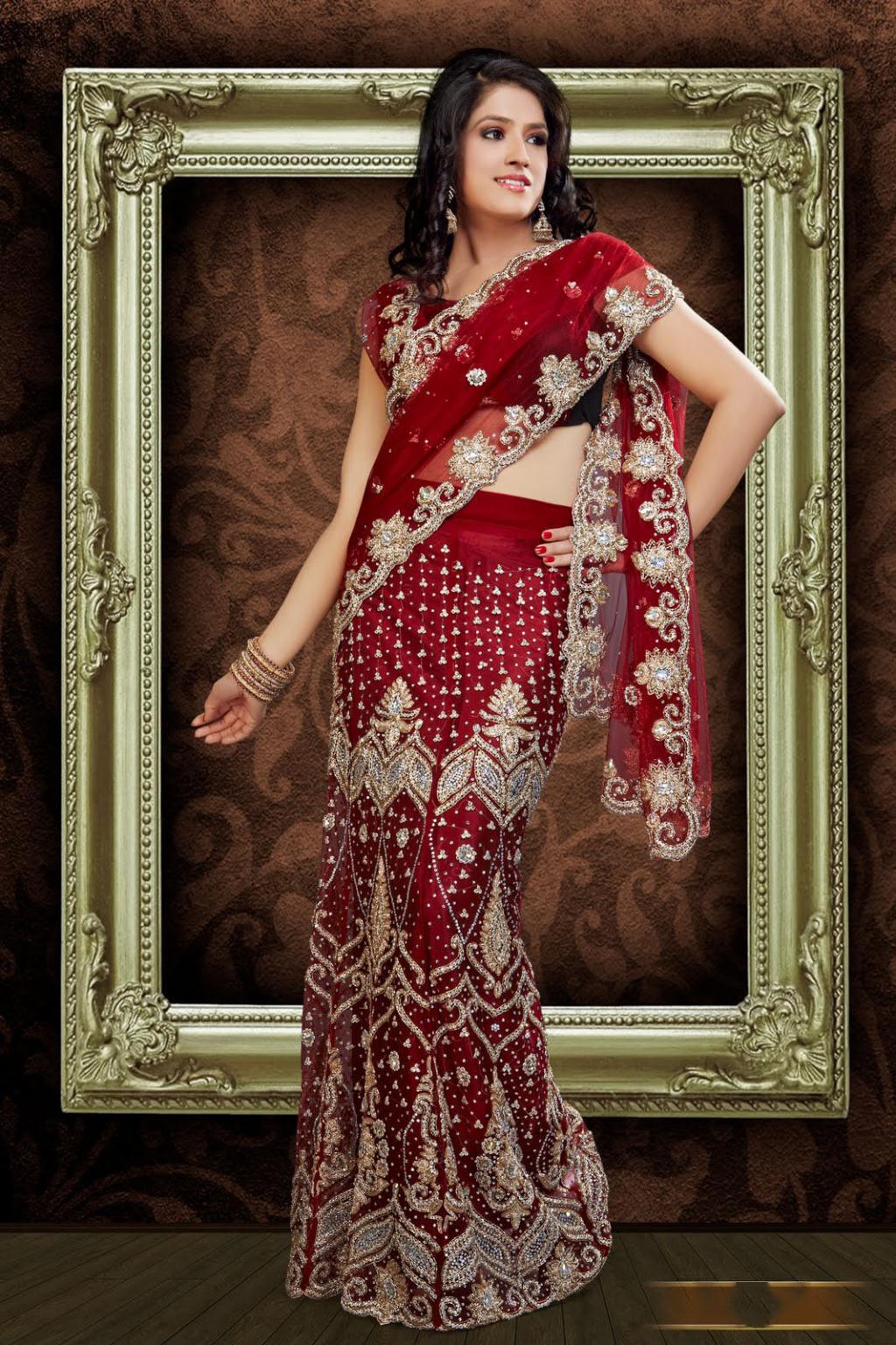 Maroon Net Indian Bridal Lehenga Saree 23393
