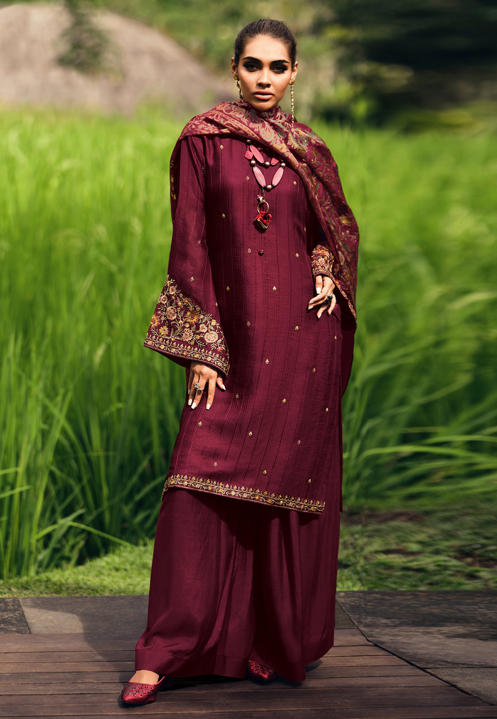 Maroon Muslin Palazzo Suit 276285