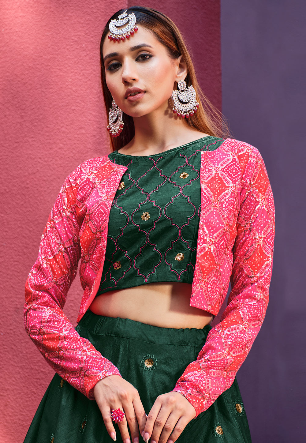Pink Color Sleeveless Blouse Bandhani Style Lehenga With Heavy Embroidery  Work