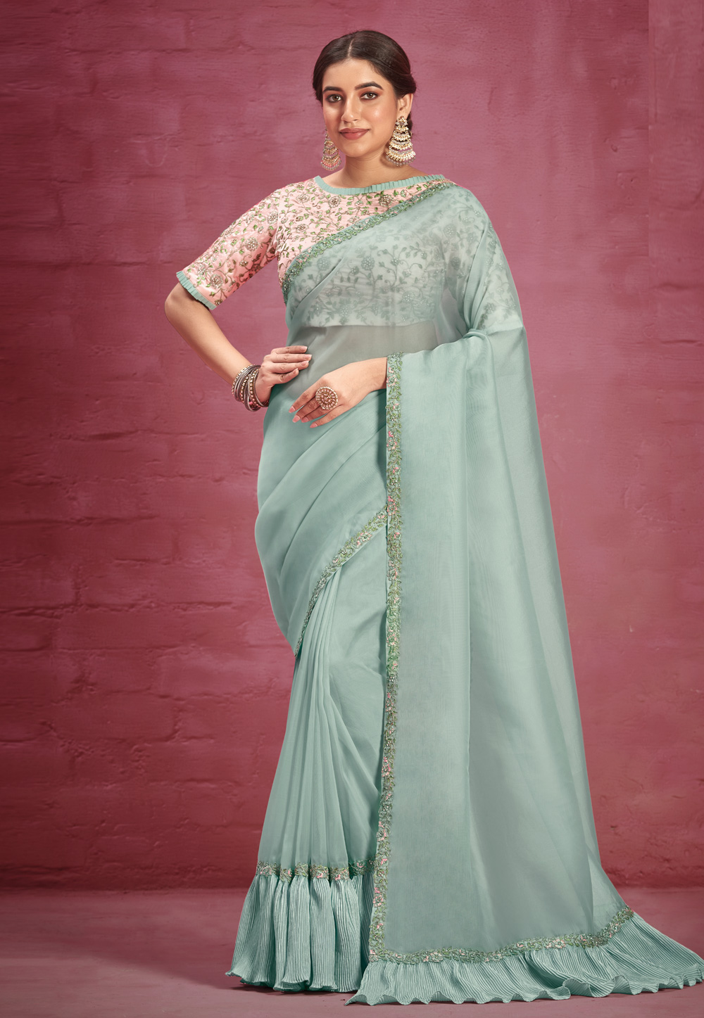 Sea Green Net Saree With Blouse 256819