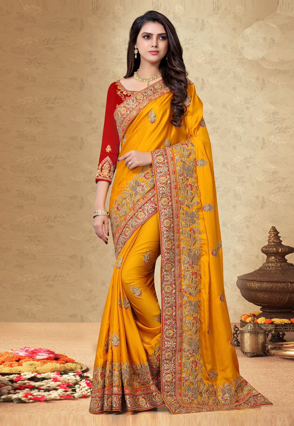Yellow Satin Georgette Saree With Blouse 204896