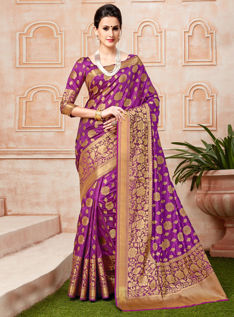 Purple Banarasi Silk Saree With Blouse 121079