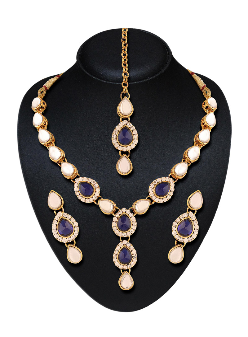 Blue Austrian Stone Necklace With Earrings and Maang Tikka 103994