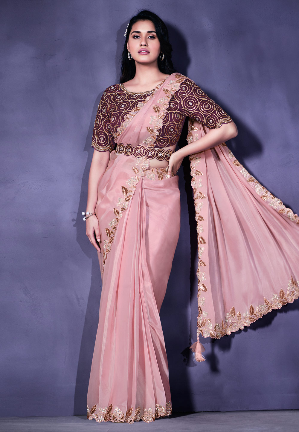 Peach Crepe Saree With Blouse 257216