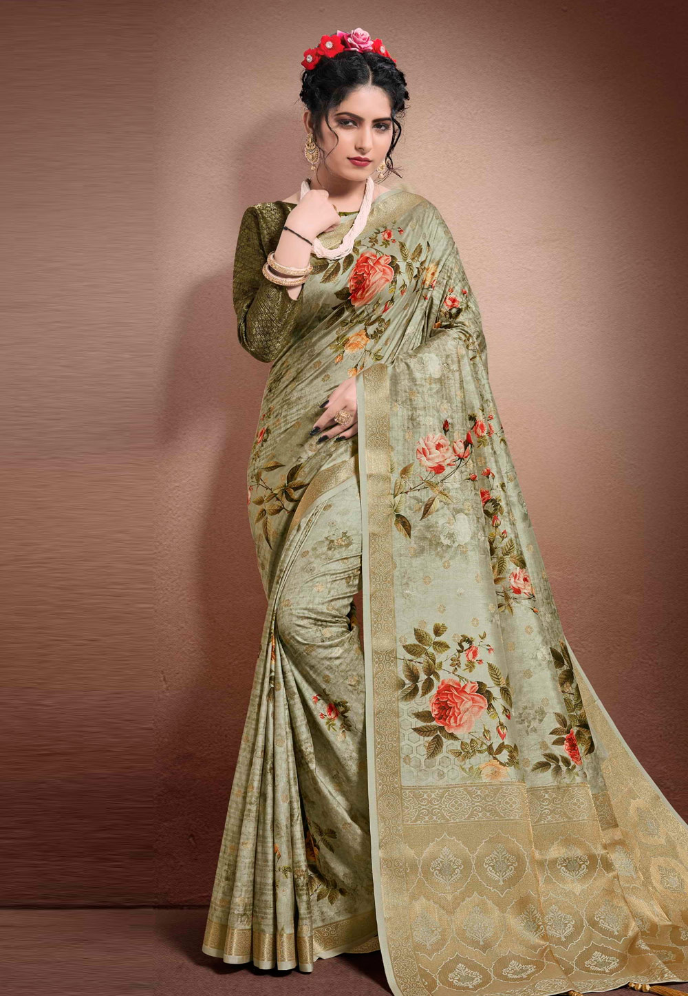 Green Georgette Printed Saree With Blouse 204900