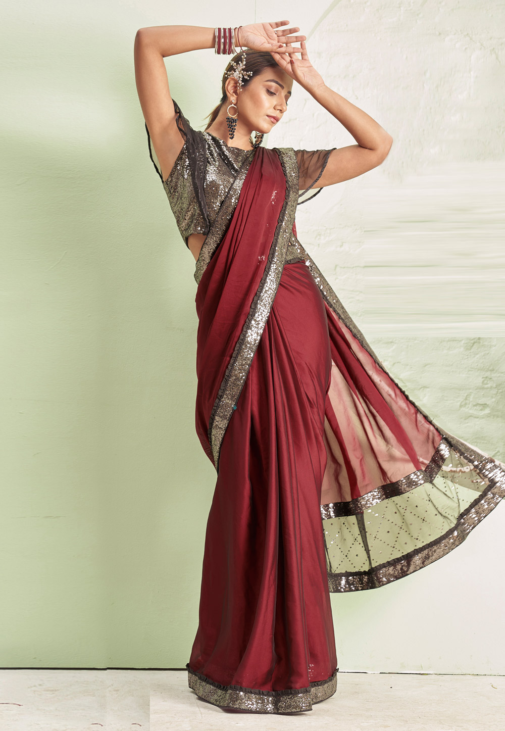 Maroon Lycra Saree With Blouse 260297
