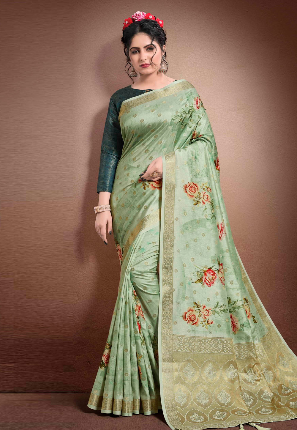 Light Green Georgette Printed Saree With Blouse 204906